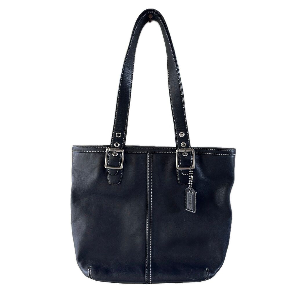 Coach 9572 Hamptons Black Smooth Leather Buckle Straps Hobo Tote Shoulder Bag